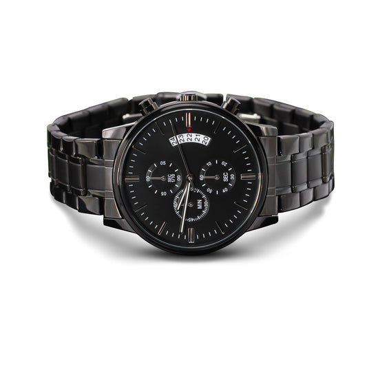 Men's Black Chronograph Watch with Custom Engraved Back
